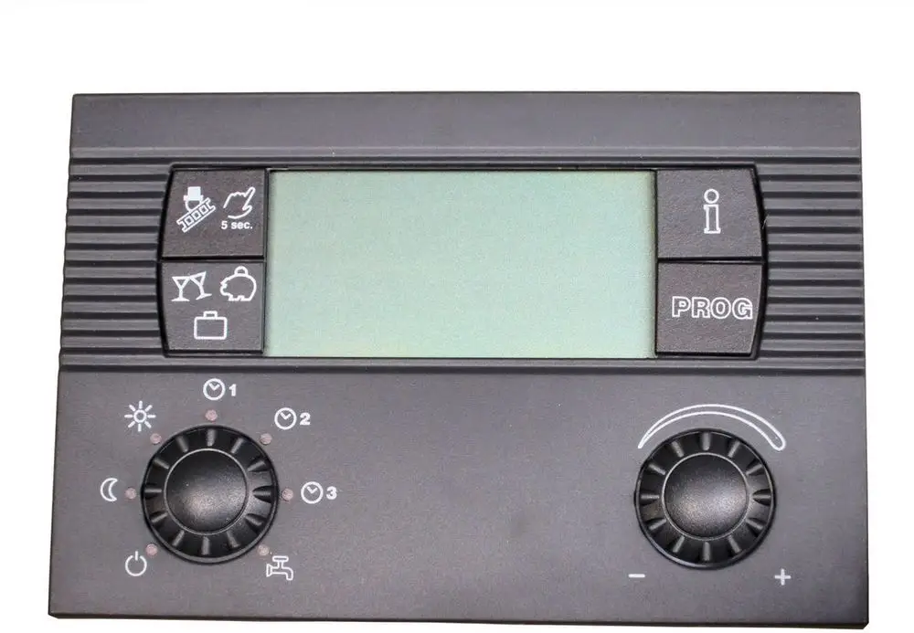 Bedienteil von Bosch mit Display und mehreren Tasten zur Steuerung. Enthält Regler für unterschiedliche Funktionen und Symbole zur Anzeige. Flachbandkabelanschluss ist sichtbar.